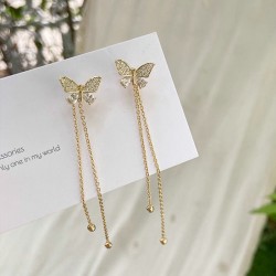 Korean Trendy Long Tassel Zircon Butterfly Drop Earrings for Women Gold Color Fashion Hanging Earrings Girls Party Jewelry Gift